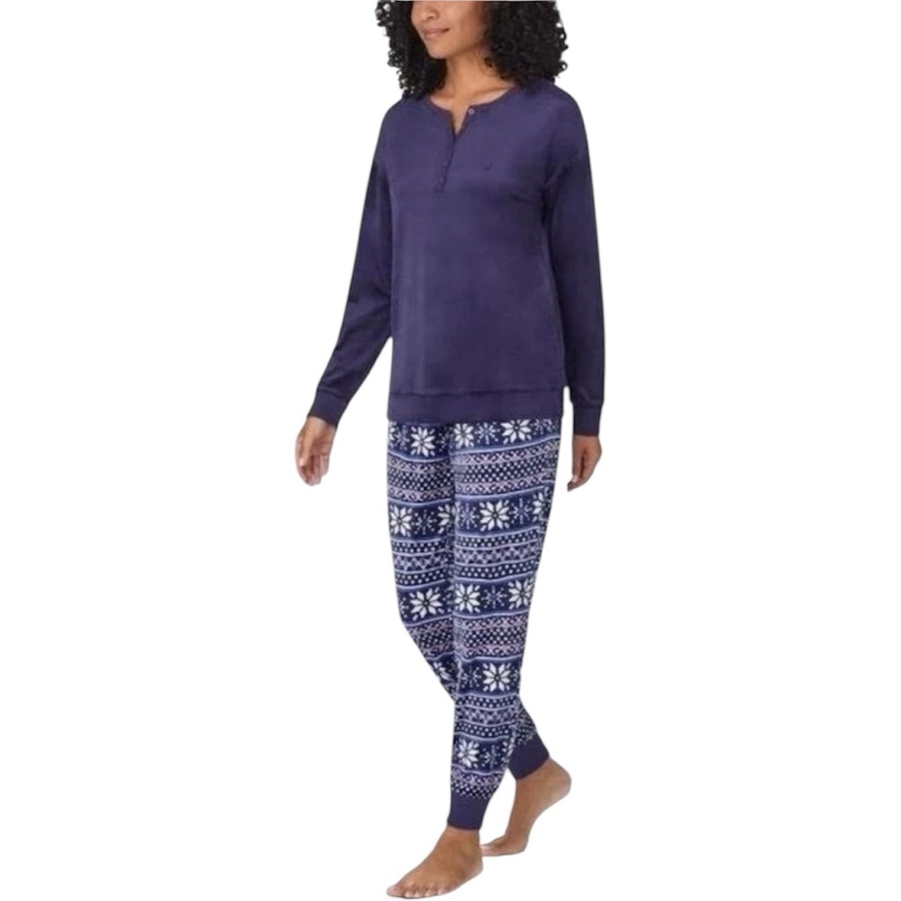 NWT Nautica Womens 2 Piece Navy White Snowflake Fleece Pajama Sleepwear Set LG